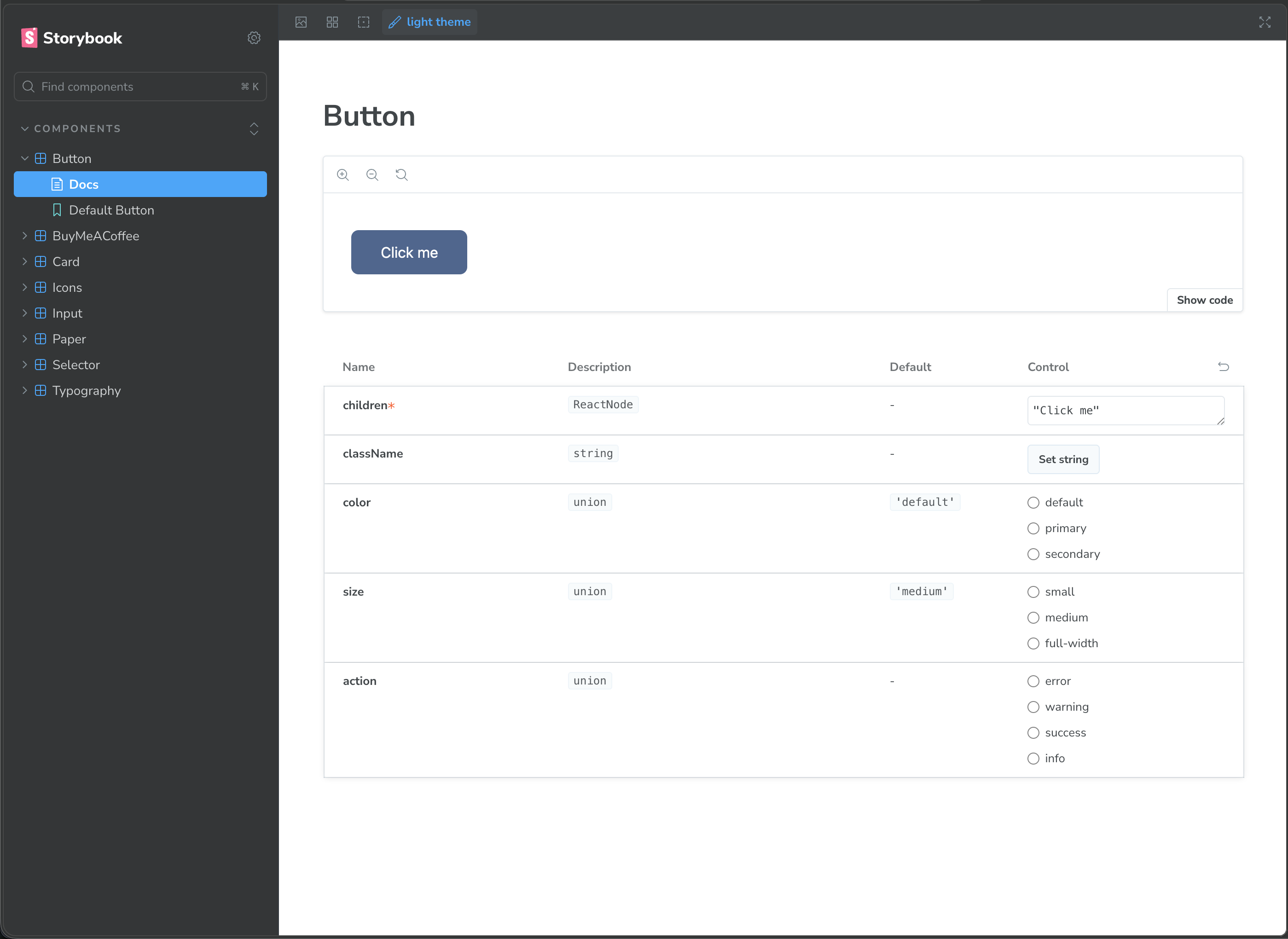 Storybook of the Bosi Design System showing a button component