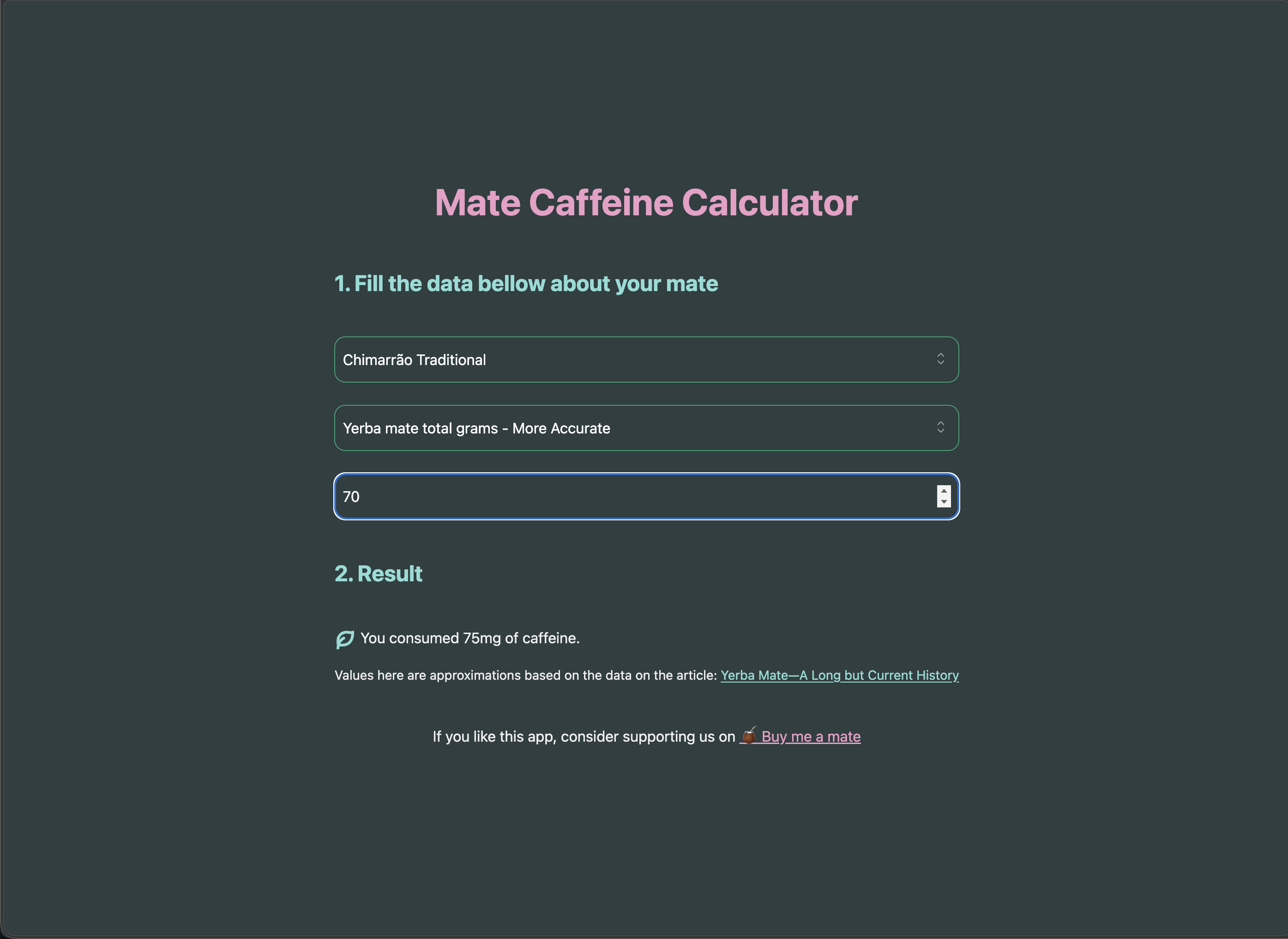 The Mate Caffeine Calculator app filled for 70g of Chimarrão Traditional, showing a value of 75mg of caffeine total
