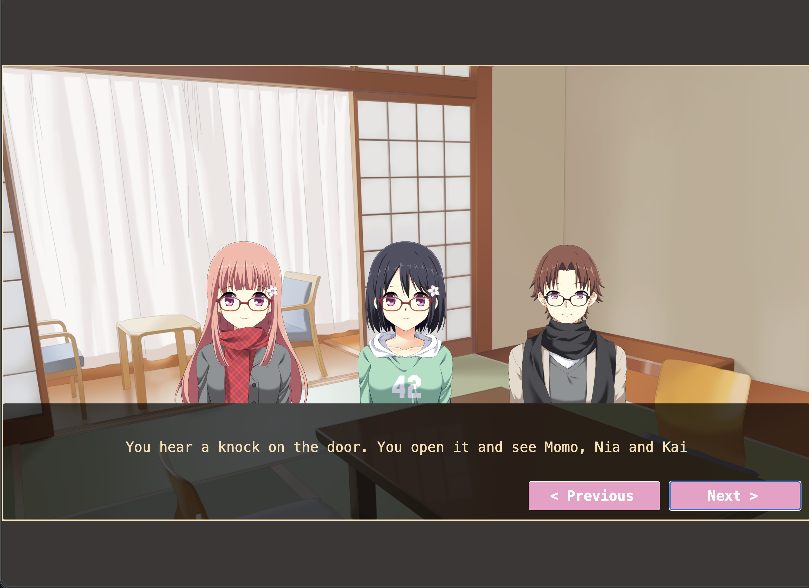 Game play of the Tea Game showing 3 characters, 2 young women and a young man