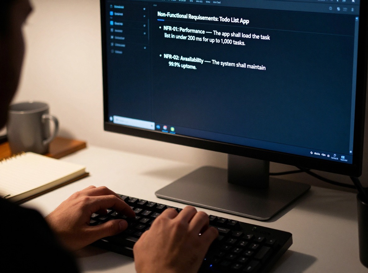 Man's hand showing him typing the requirements for a todo list app